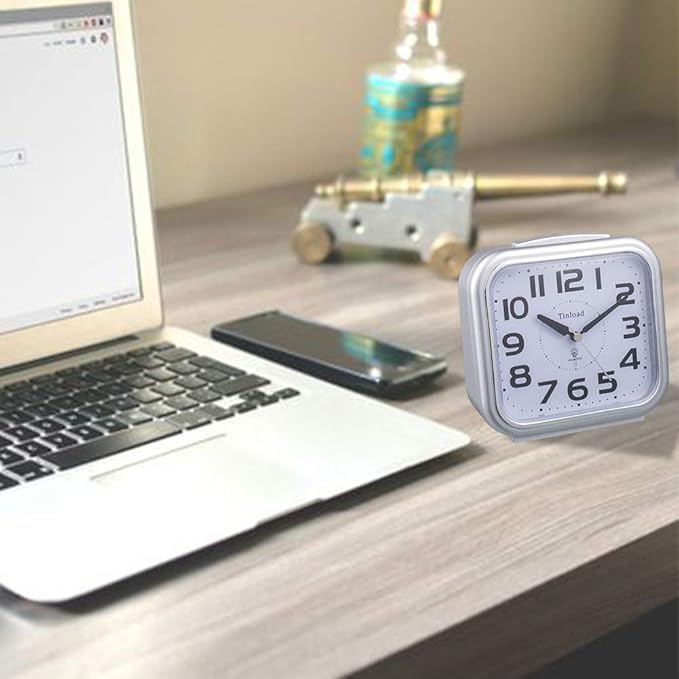 5.5" Large Analog Alarm Clock Silent Non Ticking, Gentle Wake, Beep Sounds, Increasing Volume, Battery Operated Snooze and Manual Light, Easy Set, Silver