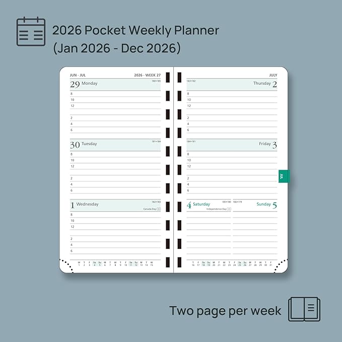 POPRUN 2026 Pocket Planner (Slim Size 3.5" x 6.5") Weekly and Monthly Calendar for Purse, with Hourly Time Slots, 100GSM Thick Paper, Spiral Soft Cover, Pen Holder - Pacific Green