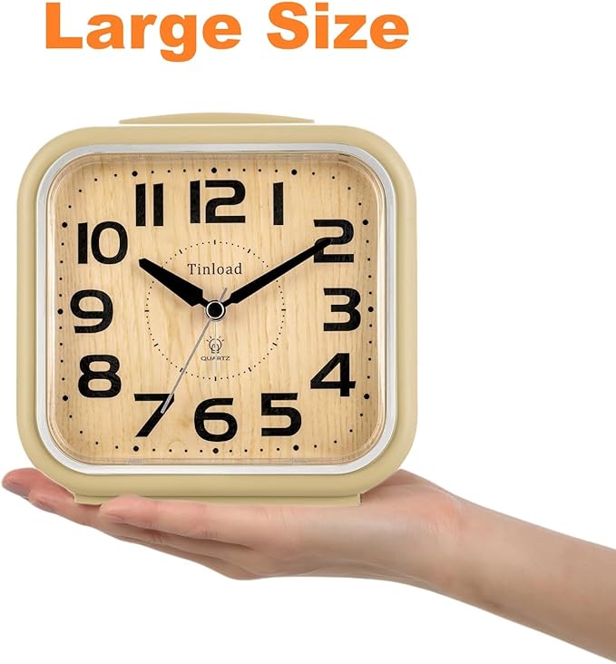 5.5" Large Analog Alarm Clock Silent Non Ticking, Gentle Wake, Beep Sounds, Increasing Volume, Battery Operated Snooze and Manual Light, Easy Set, Cream