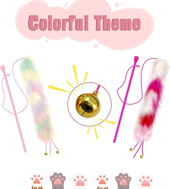 2 Pack Cat Wand Toy, Rainbow Cat Feather Toys with Bells, Teaser Wand with Soft Furry Tail, Interactive Toys for Indoor Cats & Kitten & Kitty