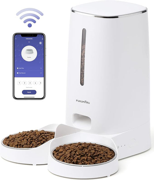 FUKUMARU Automatic Cat Feeder, 4L Dog Feeders with Double Bowls, Support DIY Meals and Timed Control WiFi Cat sFood Dispenser, Suit for Most Pet Food