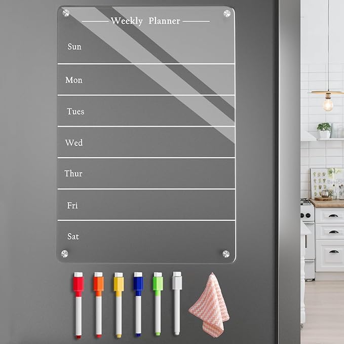 9"x13" Clear Weekly Meal Planner Magnetic Acrylic Board,Acrylic Magnetic Dry Erase Board for Fridge, Magnet Week Calendar for Refrigerator Includes 6 Colors Markers
