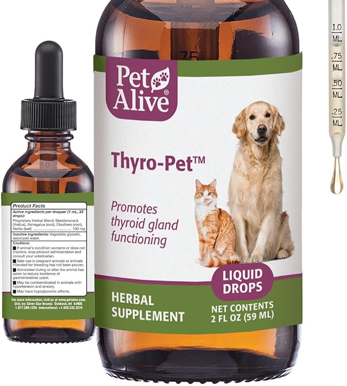 PetAlive Thyro-Pet – Herbal Thyroid Support Supplement for Dogs & Cats - Liquid Formula with Bladderwrack, Nettle, and Astragalus - Plant-Based Daily Drops for Healthy Thyroid Function – 2 oz Tincture