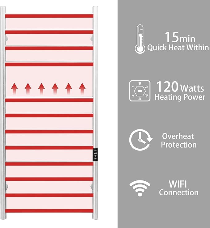 KEG Smart WiFi Towel Warmer Wall Mounted with Built-in Timer and Temperature Adjust Control, 12 Bars Electric Stainless Steel Heated Towel Racks for Bathroom Brushed Nickel