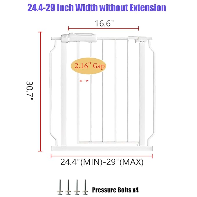 Narrow Baby Gate 24.02-29.13 Inch Wide Stairs Tension Pet Dog Gates Indoor for Doorways No Drilling Pressure Mounted Metal Pet Gates for Kids