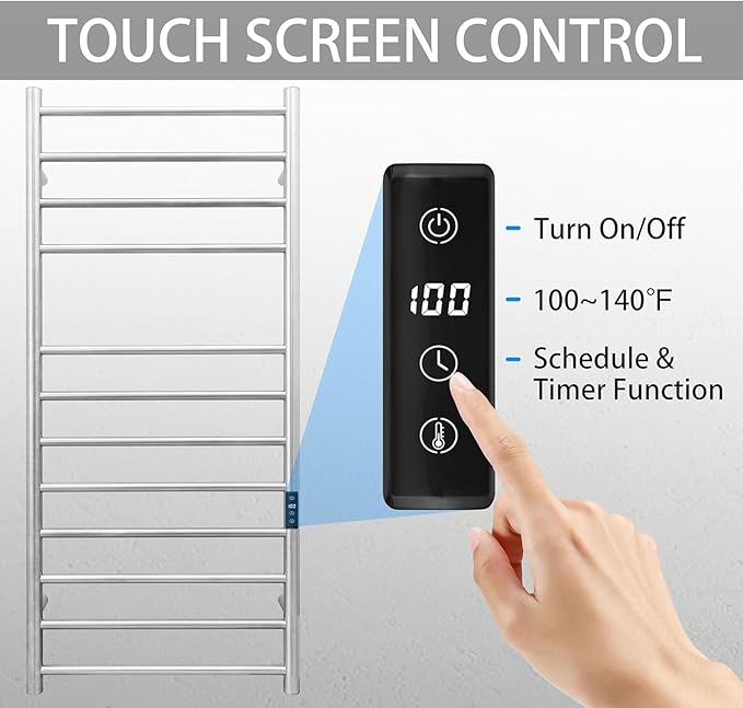 KEG Smart WiFi Towel Warmer Wall Mounted with Built-in Timer and Temperature Adjust Control, 12 Bars Electric Stainless Steel Heated Towel Racks for Bathroom Brushed Nickel