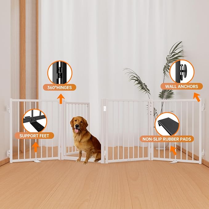 Full Metal Freestanding Dog Gate with Door, 24'' Height Foldable Pet Dog Fence for Indoor & Outdoor, 4 Panels Extra Wide Free Standing SmallDog Gates for Doorways,House,Stairs,Porch,Deck,Yard