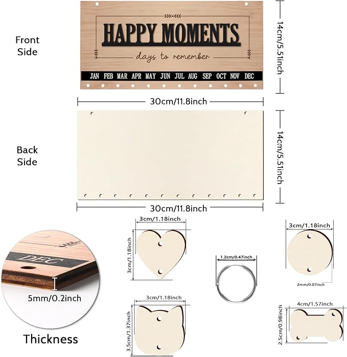 Family Birthday Calendar Board Wall Hanging with Tags, Family Birthday Plaque with Tag Wooden Memory Days Reminder Wall Hanging Home Décor Wood Anniversary Tracker with 104 Tags, Valentines Day Christmas Gifts for Lovers Friends (HAPPY MONENTS)