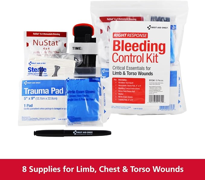 First Aid Only 91134 Critical Essentials Bleeding Control Kit for Limb & Torso Wounds, 8 Pieces