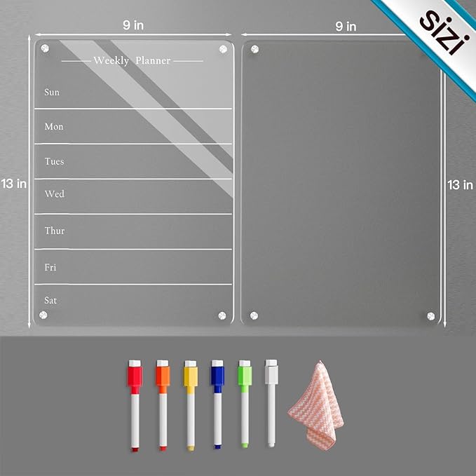 2 PCS 9"x13" Clear Weekly Meal Planner Magnetic Acrylic Board,Acrylic Magnetic Dry Erase Board for Fridge, Magnet Week Calendar for Refrigerator Includes 6 Colors Markers and Pen Container