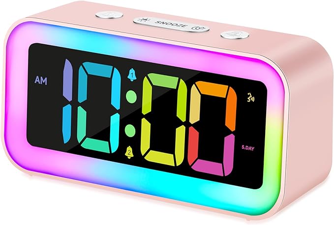 Cadmos Cute Pink Loud Alarm Clock with RGB Night Light - Perfect for Girls Room Decor and Kawaii Gifts, Small Size for Bedside or Desk Lamp in Bedrooms, Ideal for Kids, Teens (Light Pink)