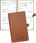 POPRUN 2026 Pocket Planner (Slim Size 3.5" x 6.5") Weekly and Monthly Calendar for Purse, with Hourly Time Slots, 100GSM Thick Paper, Spiral Soft Cover, Pen Holder - Brown
