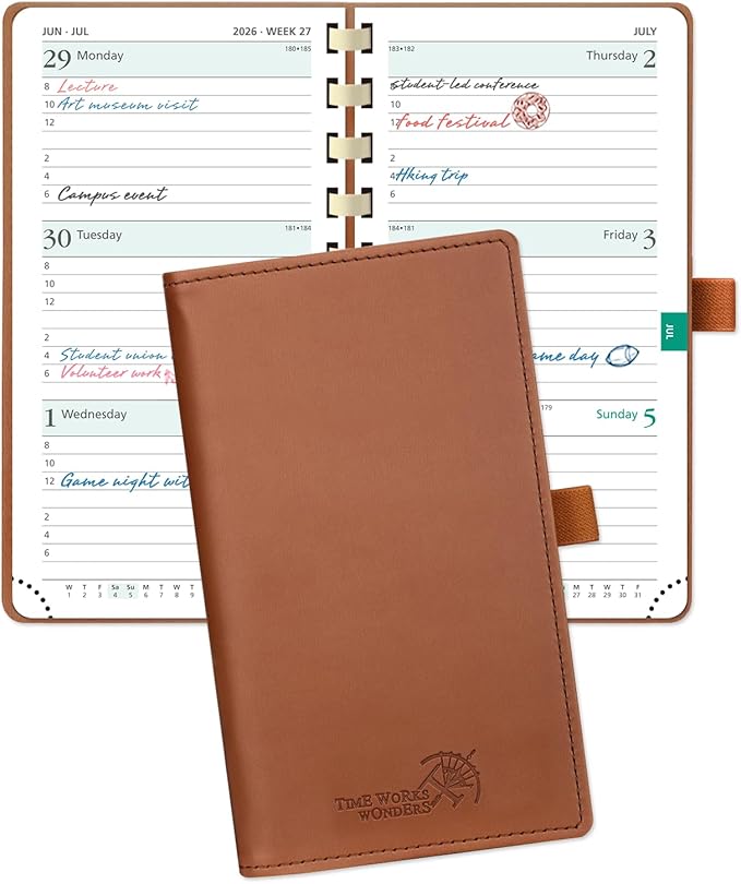 POPRUN 2026 Pocket Planner (Slim Size 3.5" x 6.5") Weekly and Monthly Calendar for Purse, with Hourly Time Slots, 100GSM Thick Paper, Spiral Soft Cover, Pen Holder - Brown