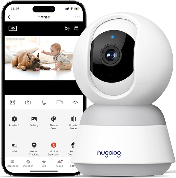Hugolog 4K 8MP Indoor Pan/Tilt Security Camera with Auto-Focus,Ideal for Baby Monitor/Pet Camera/Home Security,Starlight Color Night Vision,Human/Pet AI,Noise Reduction,US Cloud,Works with Alexa