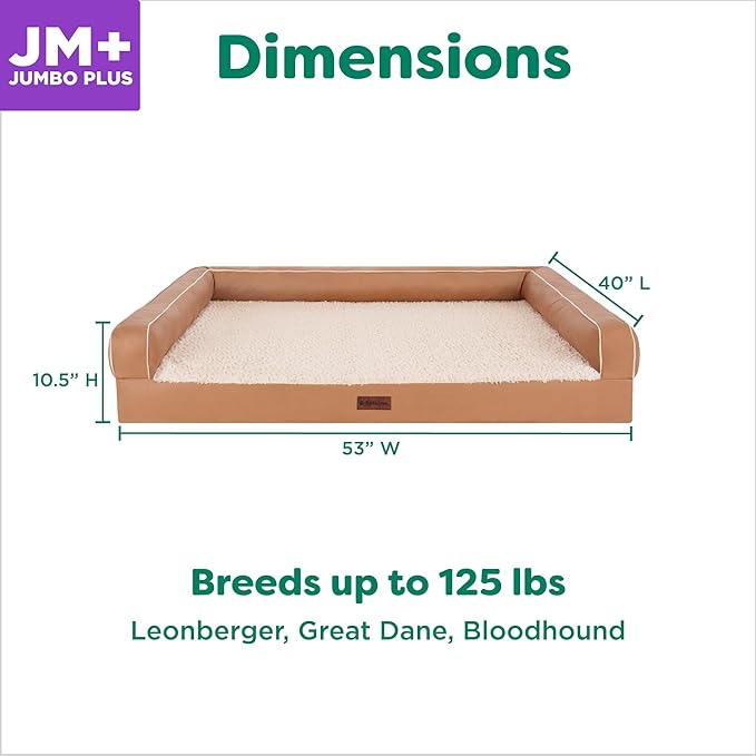 FurHaven Orthopedic Dog Sofa Bed – Memory Foam Couch with Bolsters, Textured Plush & Water-Resistant Cover, Washable Cover, Joint Support - Camel, Jumbo Plus