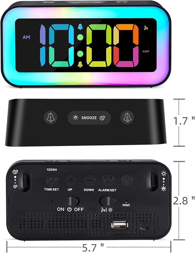 Cadmos Loud Alarm Clock for Bedrooms with Dynamic RGB Night Light,Heavy Sleepers Adults,Dual Alarm,Dimmer,USB Charger,Small Bedside Digital Clock with Led Display for Kids,Teens,Seniors (Black)