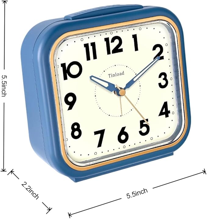 5.5" Large Analog Alarm Clock • Silent Non Ticking • Gentle Wake • Beep Sounds • Increasing Volume • Battery Operated Snooze and Manual Light • Retro Blue