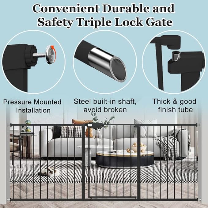 WAOWAO Triple Lock Baby Gate Extra Wide 39.76-43.7" Pressure Mounted Walk Through Swing Auto Close Safety Black Metal Dog Pet Puppy for Stairs,Doorways,Kitchen