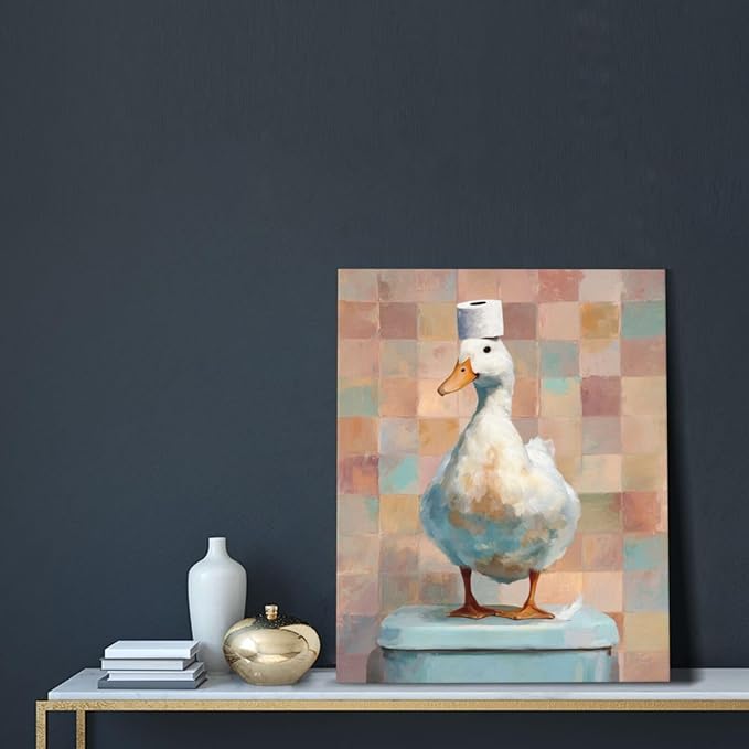 Funny Duck Bathroom Wall Art Cute Duck on Toilet Canvas Wall Decor Funny Quirky Farm Animal Pictures Painting Print Framed Artwork Decorations Gifts for Bathroom 16"x20"