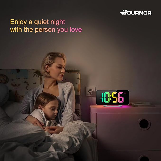 Hournor Digital Alarm Clock, LED Digital Clock for Bedrooms with 10 Color Changing Night Light, Adjustable Brightness, USB Charging Port, Bedside and Desk Clocks for Living Room Office (White)