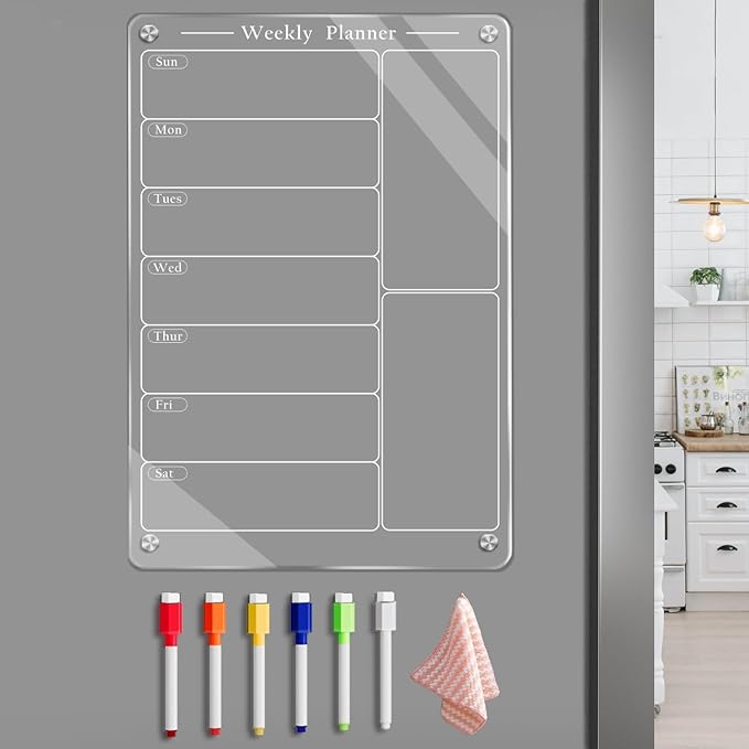 9"X13" Acrylic Weekly Planner for Fridge,Clear Meal Planner for Refrigerator,Magnet Weekly Calendar for Fridge,Acrylic Magnetic Menu Board for Kitchen with 6 Markers