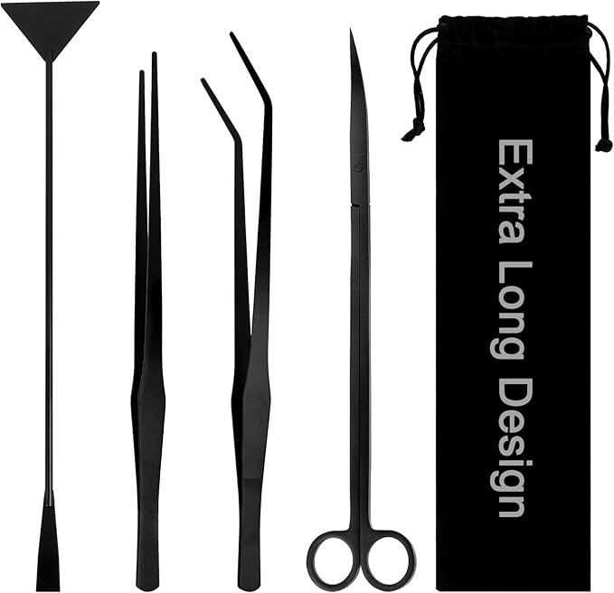 15Inch Extra Long Design Aquarium Aquascaping Tool Stainless Steel Aquascape Tools Kit 4 in 1 Anti-Rust Fish Tank Starter Kit with Long Tweezers Scissors Spatula for Aquarium Plants (Black)