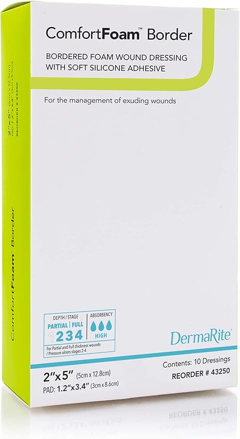 DermaRite's ComfortFoam Border, Foam Wound Dressing - Flexible and Soft Silicone, Self Adhesive, No Natural Rubber Latex - 2 in. x 5 in., 10 Count, 1 Pack