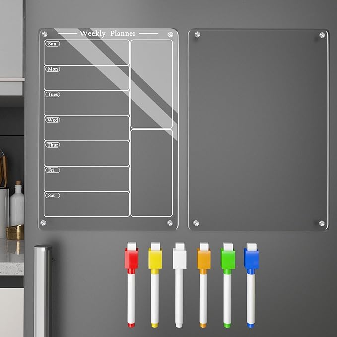 2PCS 9"X13" Acrylic Weekly Planner for Fridge,Acrylic Magnetic Menu Board for Kitchen,Magnet Weekly Calendar for Fridge,Clear Meal Planner for Refrigerator with 6 Markers