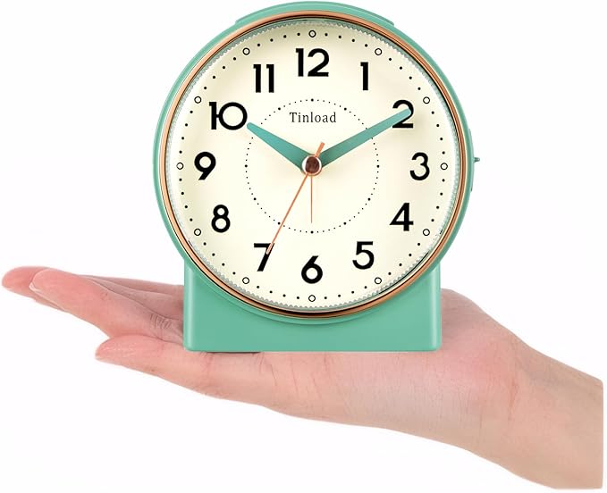 4.3" Retro Analog Alarm Clock, Vintage Decor, No Ticking Silent, Easy to Set, Gradual Rise Alarm, On/Off Switch on Side, Gentle Wake, Snooze, Lighted on Demand, Battery Operated, Retro Green