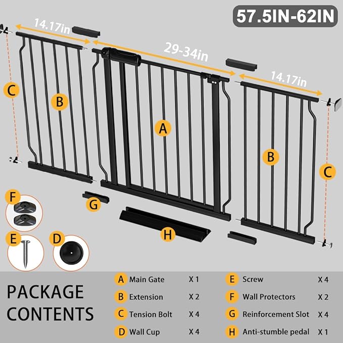 Fairy Baby Extra Wide Baby Gate Black 57.5-62 Inch Wide, Walk Through Pressure Mounted No Drill, Long and Large Tension Dog Gates for Pet and Kids