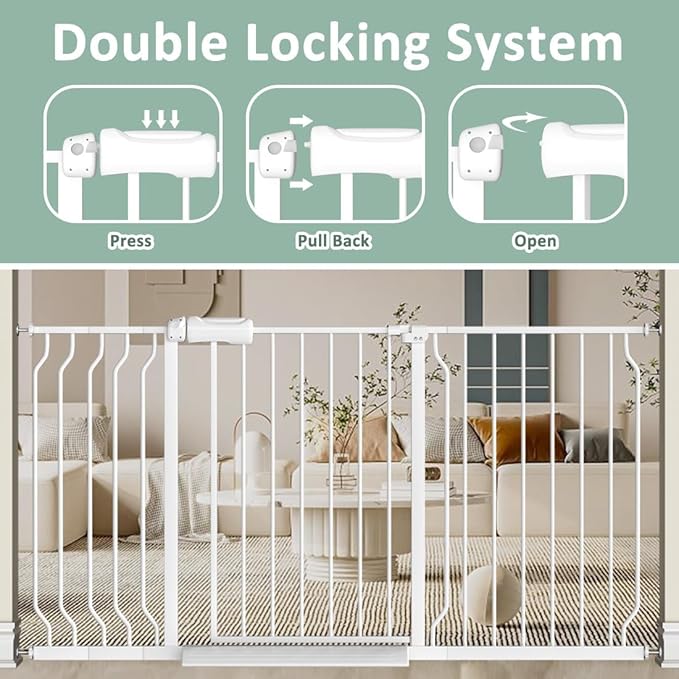 57.5"-62" Extra Wide Auto Closing Baby Safety Gate for Stairs & Doorways, Pressure Mounted No Drill Pet Gate with Walk-Through Door - Heavy Duty Childproof Gate for Toddlers, Kids, Dogs (White)