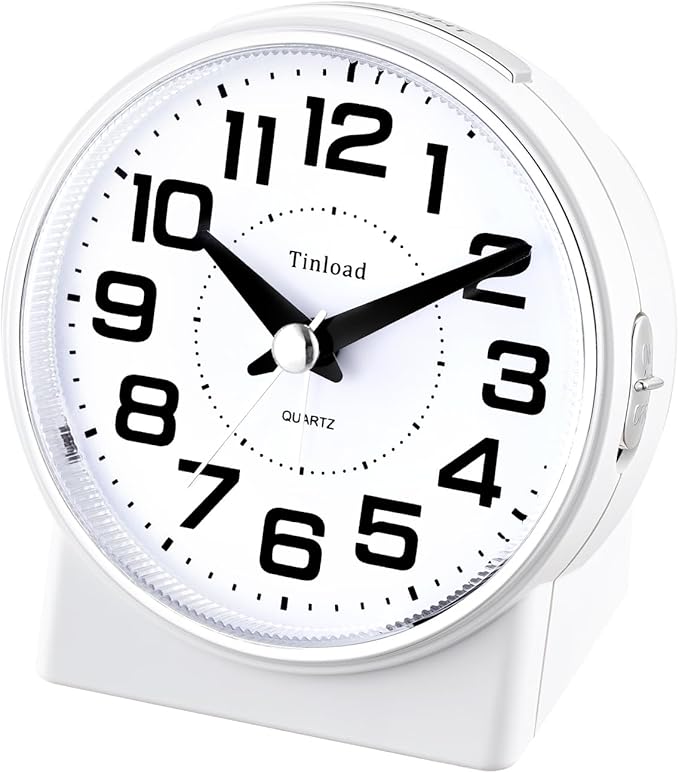 4.3" No Ticking Analog Alarm Clock,Silent Readable for Seniors,Easy to Set,Gradual Rise Alarm,Big Numbers,On/Off Switch on Side,Gentle Wake,Snooze,Lighted on Demand,Battery Operated,White
