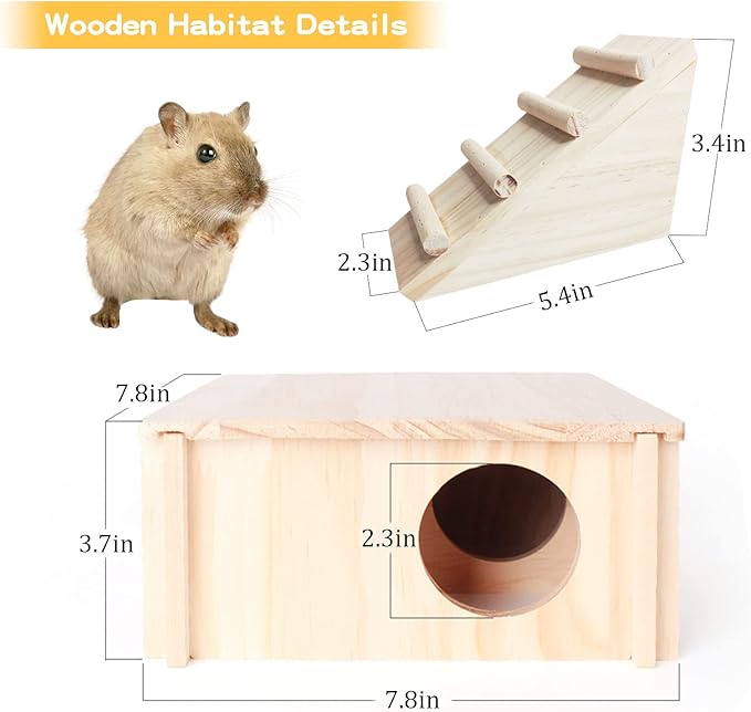 Fhiny Wooden Hamster Hideout for Small Animal, Gerbils Chamber Hut with Ladder Habitats Decor, Maze Climbing Toys for Dwarf Syrian Hamsters Mice and Other Small Pets
