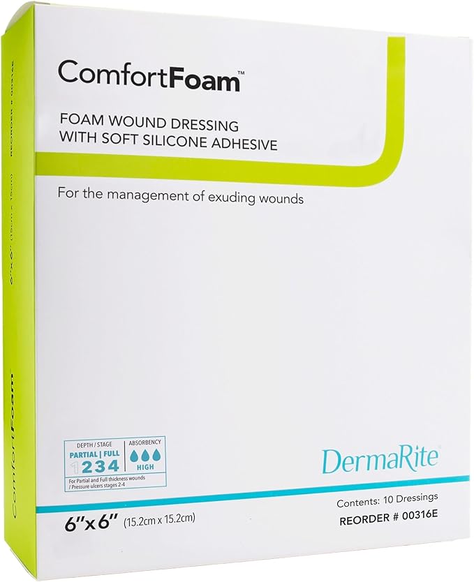 DermaRite's ComfortFoam Border, Foam Wound Dressing - Flexible and Soft Silicone, Self Adhesive, No Natural Rubber Latex - 6 in. x 6 in., 1 Count, 10 Packs, 10 Total