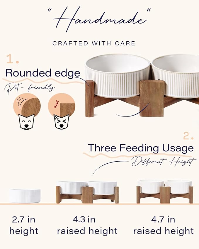 Getstar Ceramic Dog Bowls with Acacia Wood Stand, 30 fl oz, Set of 2, Dog Food Bowl, Cat Bowls (6.5 inches) (Vintage White)