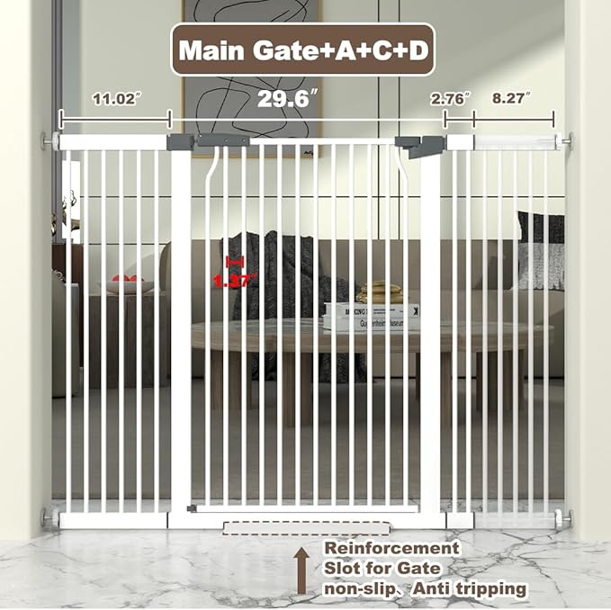 41" Extra Tall Cat Gate for Doorway, 49.2-54.7 Metal Pet Baby Safe Gate, Extra Wide Pressure Mounted Child Door with Expansion Kit, No Drilling No Climb Cat Fence Indoor, Tall Dog Gate, White