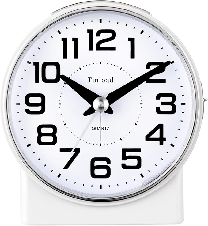 4.3" No Ticking Analog Alarm Clock,Silent Readable for Seniors,Easy to Set,Gradual Rise Alarm,Big Numbers,On/Off Switch on Side,Gentle Wake,Snooze,Lighted on Demand,Battery Operated,White