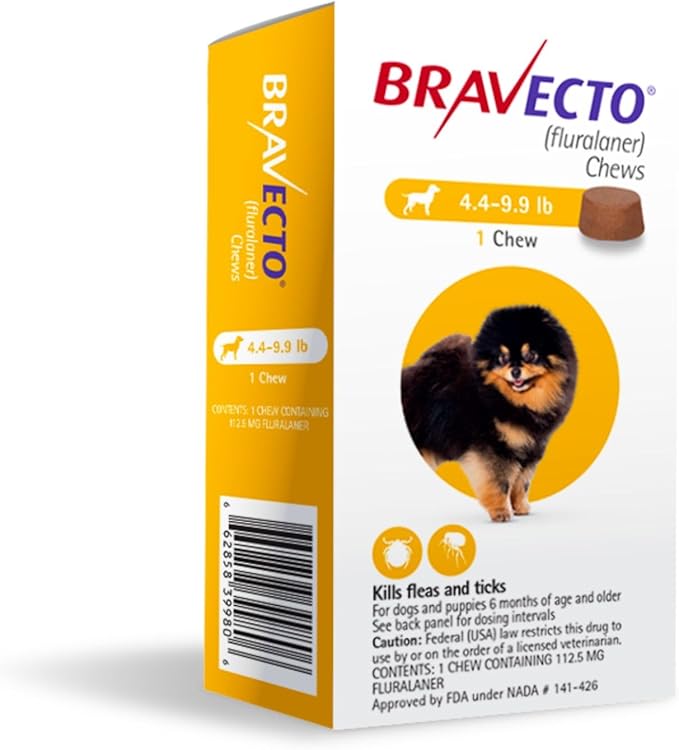 BRAVECTO Chew for Dogs, Flea & Tick, 1 Chew, 12 Week Supply, 4.4-9.9 lbs., Yellow Box