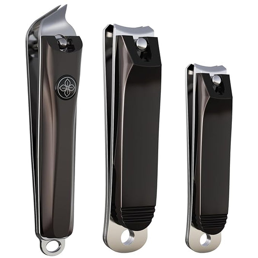 GLAMFIELDS 3pcs Nail Clippers Set, Black Stainless Steel Slanted Edge Nail Clipper & Fingernail & Thick Toenail Trimmer for Men and Women
