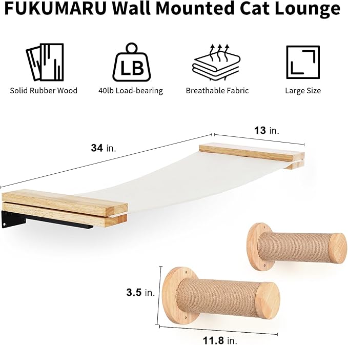 FUKUMARU Cat Wall Furniture, 2 PCS Climbing Shelves Set, Solid Rubber Wood Cat Shelf, Cats Perches for Wall Sleeping, Playing, Jumping and Lounging, 16 inch Drywall Installation