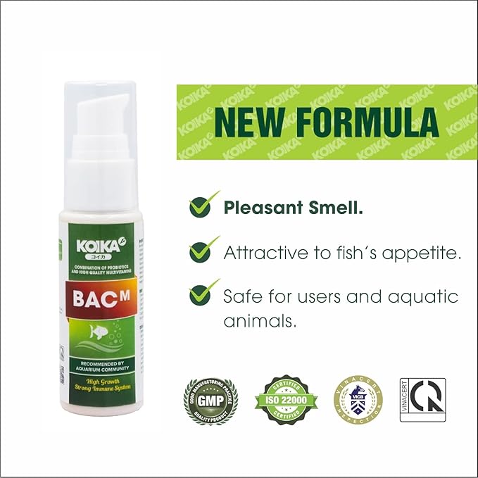 KOIKA BACM Natural Color Enhancement for Fish, Combination of Probiotic & Multi-Vitamins for Aquarium A, B6, B2, Pleasant Smell (BACM (New Formula), 30ml)