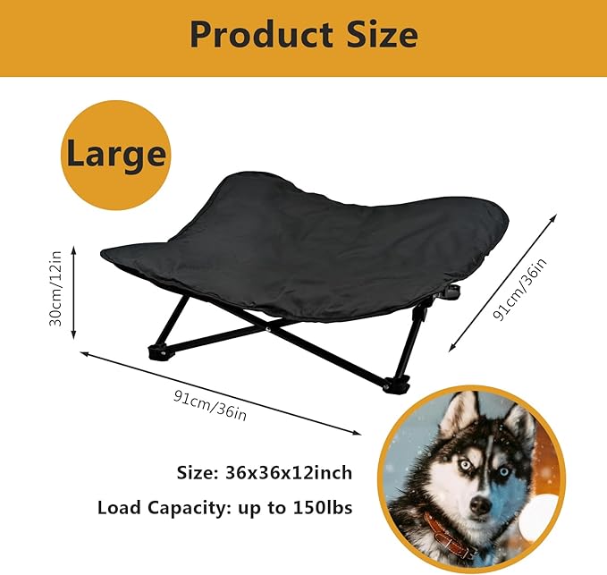 Elevated Dog Bed, Portable Raised Pet Cot for Outdoor and Indoor Folding Dog Cot Bed with Padded Filling Carrying Bag Included Pet Raised Travel Lounger for Camping Traveling (36x36x12inch)