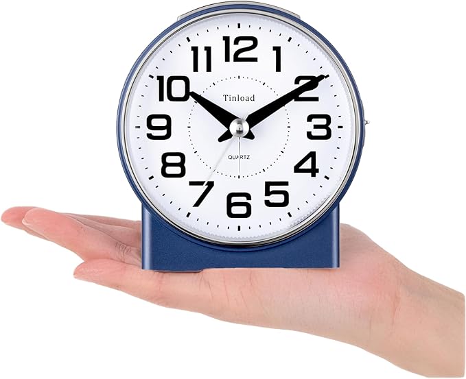 4.3" No Ticking Analog Alarm Clock,Silent Readable for Seniors,Easy to Set,Gradual Rise Alarm,Big Numbers,On/Off Switch on Side,Gentle Wake,Snooze,Lighted on Demand,Battery Operated,Blue