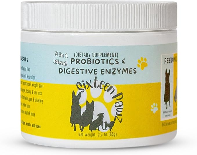 Dog & Cat Probiotics, Prebiotics, & Digestive Enzymes – Flavorless Powder for Gut Health, Allergies, Itchy Skin, Gas & Diarrhea – Organic, Vet-Approved – 65g Bottle (Up to 65 Servings)