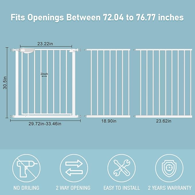 WAOWAO Triple Lock Baby Gate Extra Wide 72.04-76.77" Pressure Mounted Walk Through Swing Auto Close Safety White Metal Dog Pet Puppy for Stairs,Doorways,Kitchen