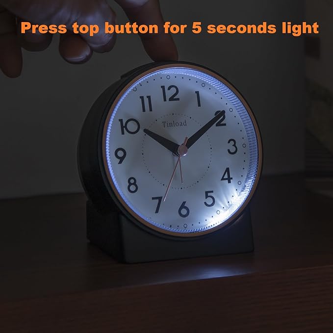 4.3" Retro Analog Alarm Clock, Vintage Decor, No Ticking Silent, Easy to Set, Gradual Rise Alarm, On/Off Switch on Side, Gentle Wake, Snooze, Lighted on Demand, Battery Operated, Retro Black