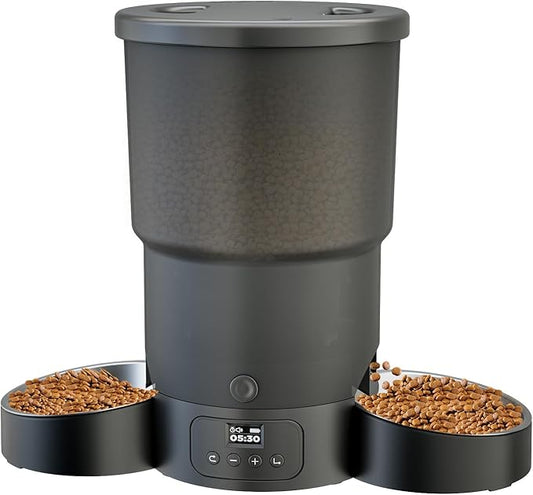 Gimars 5L Automatic Cat Feeder for 2 Cats, Programmable 1-6 Meals Cat Food Dispenser with Stainless Steel Bowl, Easy Setup, Dual Power Supply,10s Meal Call Timed Pet Feeder for Cats and Small Dogs