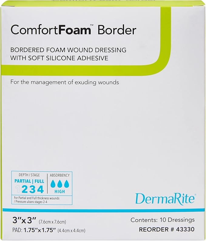 DermaRite's ComfortFoam Border, Foam Wound Dressing - Flexible and Soft Silicone, Self Adhesive, No Natural Rubber Latex - 3 in. x 3 in., 1 Count, 10 Packs, 10 Total