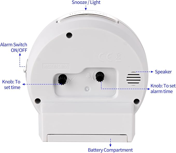 4.3" No Ticking Analog Alarm Clock,Silent Readable for Seniors,Easy to Set,Gradual Rise Alarm,Big Numbers,On/Off Switch on Side,Gentle Wake,Snooze,Lighted on Demand,Battery Operated,White