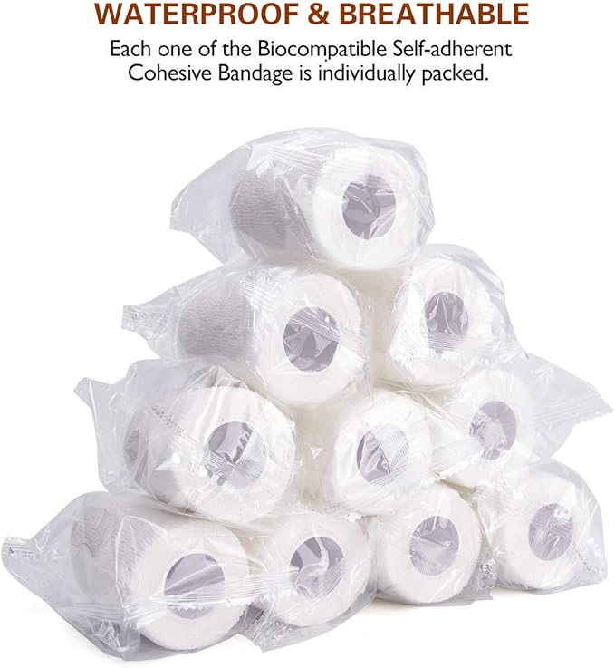 TOBWOLF 12PCS Self Adhering Bandage, 3" x5yd / 7.5cmx4.5m Cohesive Elastic Bandage Wrap Gauze Roll, Breathable Sports Tape, Medical Wrap for Wrist Ankle Knee Leg Sprains Swelling - White